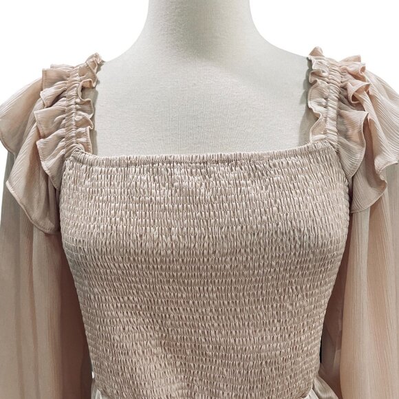 Entro Blush Smocked Peplum Top Long Sleeve Ruffle Sheer Sleeve Cottagecore - Picture 5 of 11
